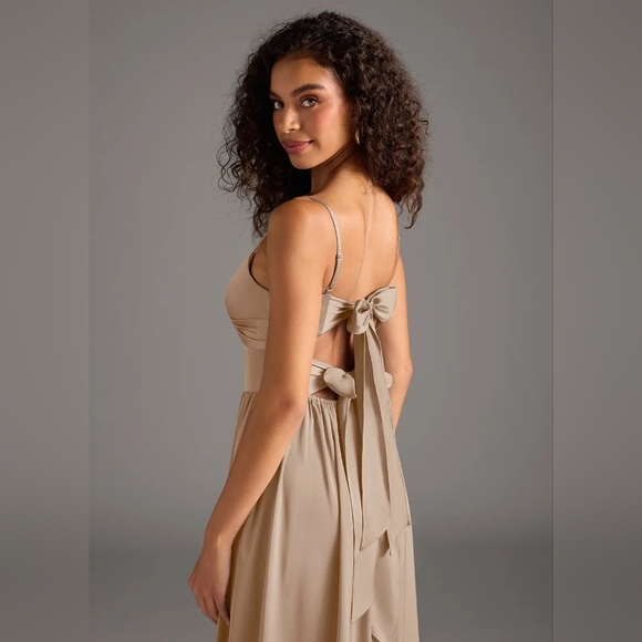 Azazie ZEYA Taupe A-Line Pleated Stretch Satin Maxi Dress - Small Custom Size - Picture 2 of 11